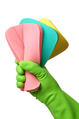 Image showing Few washing sponges in hand