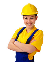 Image showing Young beautiful woman in construction uniform