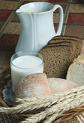 Image showing bread and a glass of milk in a basket on a table