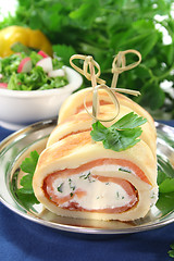 Image showing Pancakes with salmon and cream cheese