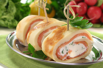 Image showing Pancakes with salmon and cream cheese