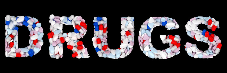 Image showing Drugs word: pills and tablets shape isolated 