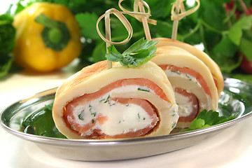 Image showing Pancakes with salmon and cream cheese