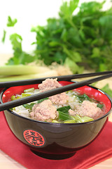 Image showing rice soup with meat balls