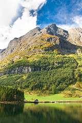 Image showing Norwegian Fjord: Mountains, village house 