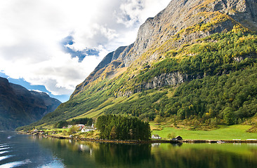 Image showing Norwegian fjords: Mountains, village