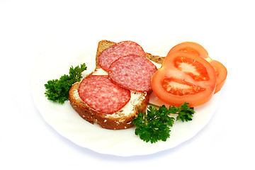 Image showing breakfast with bread, tomatoes, parsley, salami