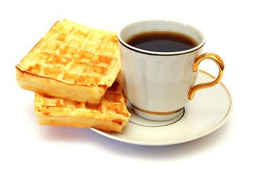 Image showing white cup of coffee with waffle