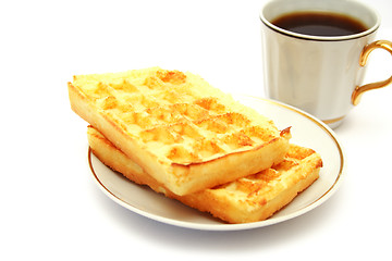 Image showing white cup of coffee with waffle