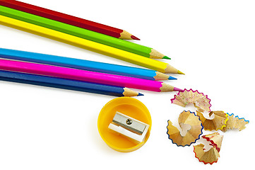 Image showing Colored pencils with sharpener