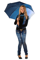 Image showing Beautiful cheerful blonde with blue umbrella