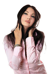 Image showing Portrait of attractive young woman in pink shirt