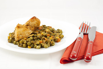 Image showing Chicken meat with green peas, carrots and corns