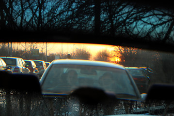 Image showing Sunset in car mirror