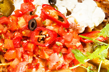 Image showing fresh nachos and vegetable salad with meat