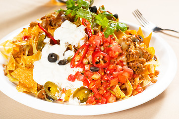 Image showing fresh nachos and vegetable salad with meat