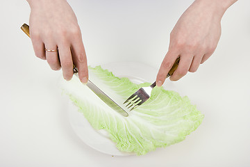 Image showing Hands with a knife and a plug and a plate with salad