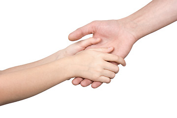 Image showing Children's hands hold a man's palm