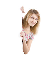 Image showing The happy young woman on white background