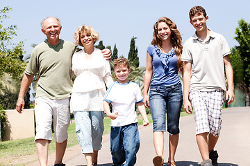 Image showing Extended family group walking down the pathway