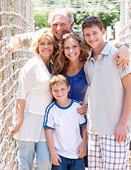 Image showing portrait of family on hanging bridge