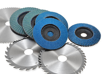 Image showing Circular saw blades and abrasive disks  isolated on white