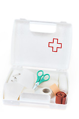Image showing Open first aid kit isolated on white background