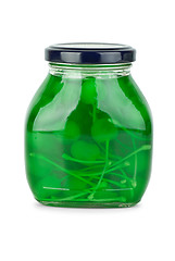 Image showing Glass jar with green cocktail cherries