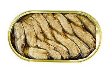 Image showing Opened tin can with conserved sprat fish