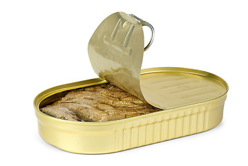 Image showing Opened tin can with conserved sprat fish