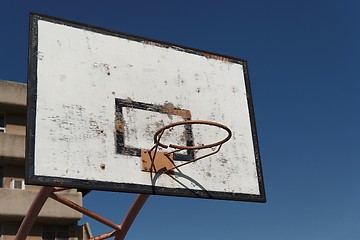 Image showing Old broken basketball hoop against the blue sky