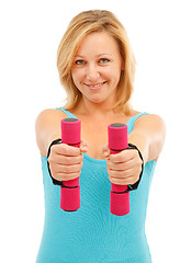 Image showing Happy woman with dumbbells