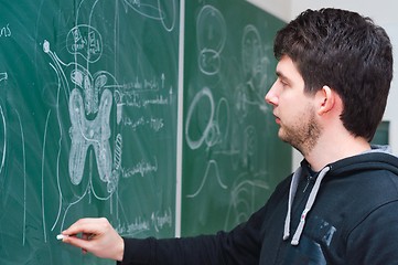 Image showing Young student showing spinal chord on green chalk board