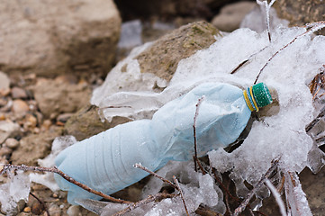 Image showing empty bottle frozen into the rocks on shore