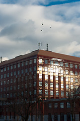 Image showing Modern university building with crows in the blue sky