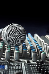 Image showing Part of an audio sound mixer with a microphone