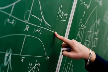 Image showing Hand of a student pointing at green chalk board