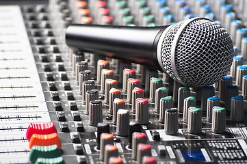 Image showing Part of an audio sound mixer with a microphone