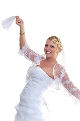 Image showing Young smiling bride on isolated white background holding napkin