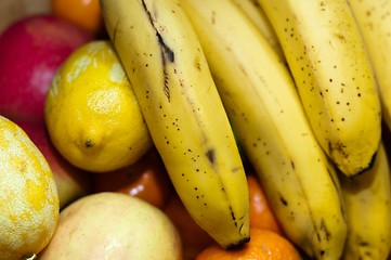 Image showing fresh fruits closeup with banana lime orange and apple