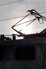 Image showing Old train with electric cables closeup