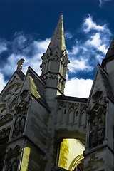 Image showing Refurbished temple in sunlight against blue sky