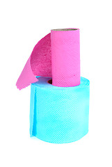 Image showing Finished roll of pink and full roll of blue toilet paper