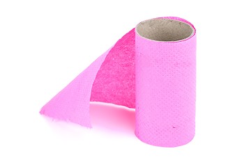 Image showing Finished roll of pink toilet paper