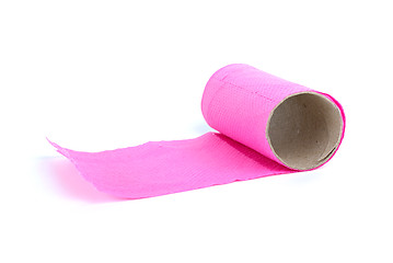 Image showing Finished roll of pink toilet paper