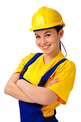 Image showing Young beautiful woman in construction uniform