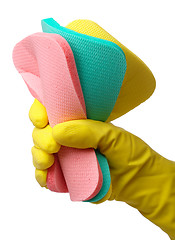 Image showing Few washing sponges in hand