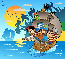 Image showing Three pirates in boat near island