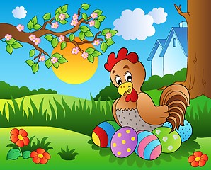 Image showing Meadow with hen and Easter eggs