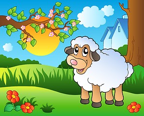 Image showing Cute sheep on spring meadow